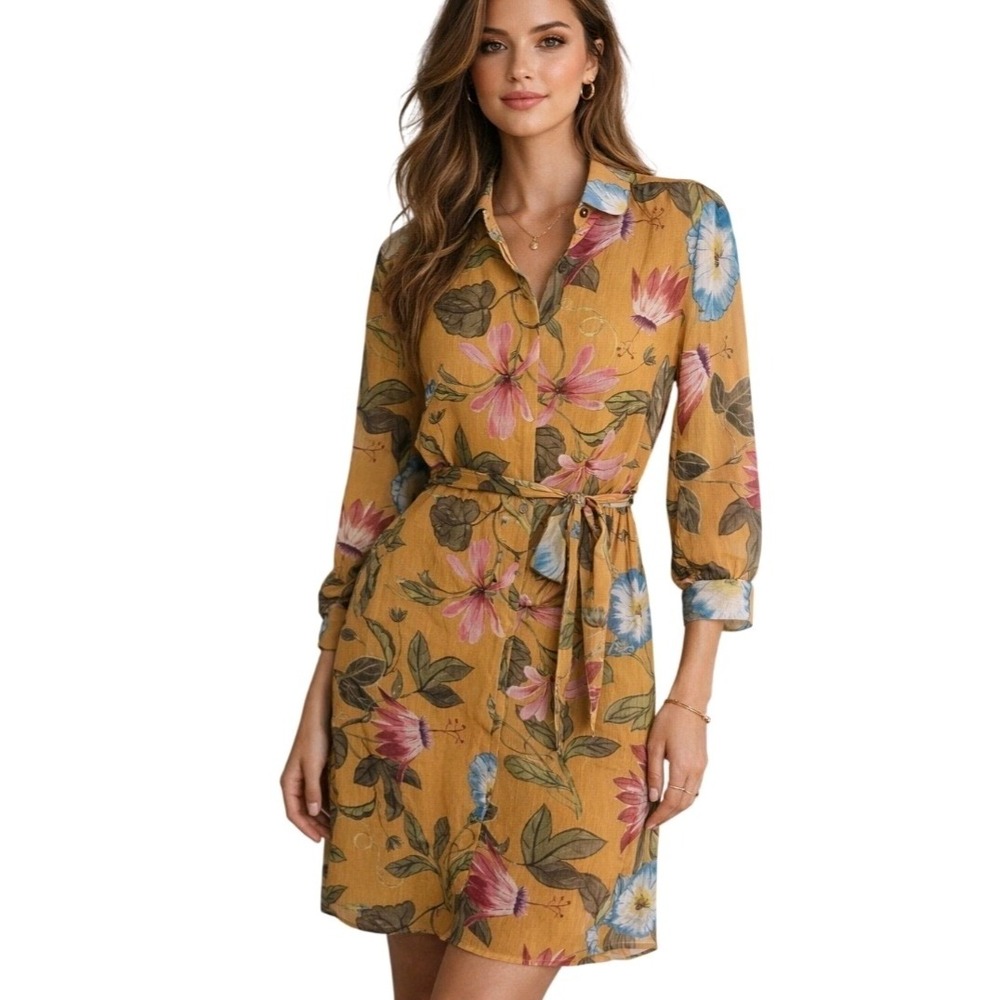 Ann Taylor Morning Glory Floral Chiffon Shirt Dress Womens 12 Yellow Excellent